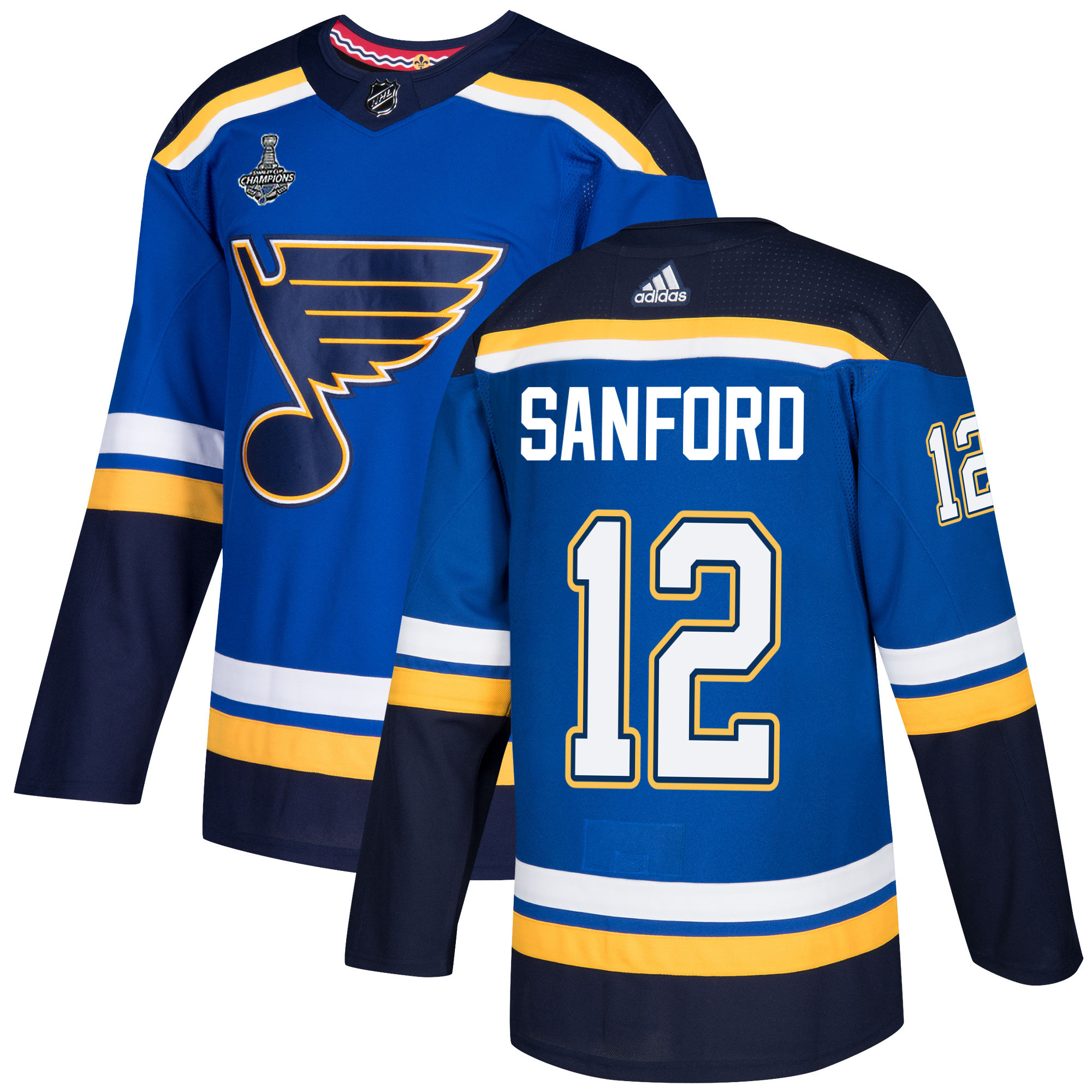 Adidas Blues #12 Zach Sanford Blue Home Authentic 2019 Stanley Cup Champions Stitched NHL Jersey
