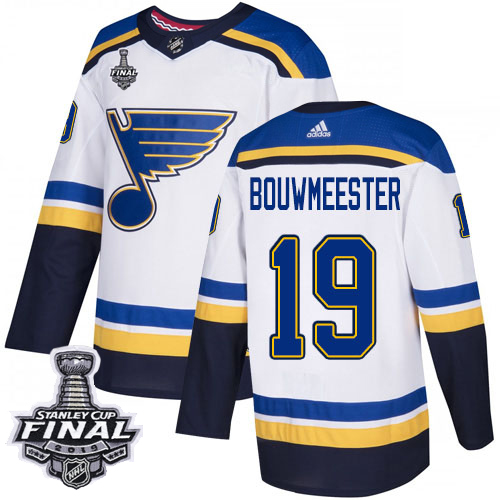 Adidas Blues #19 Jay Bouwmeester White Road Authentic 2019 Stanley Cup Final Stitched NHL Jersey