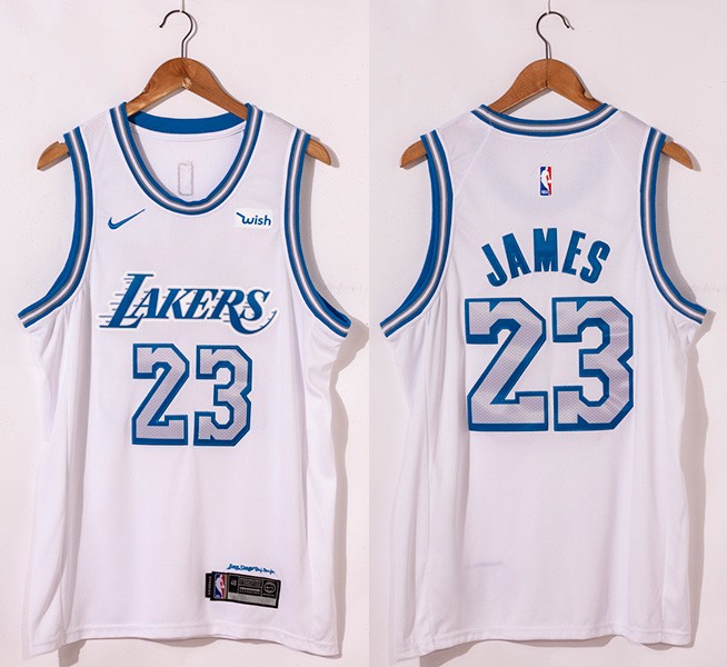 Men's Los Angeles Lakers #23 LeBron James White 2020-21 New Blue Silver Logo Stitched NBA Jersey Men's Los Angeles Lakers #23 LeBron James White 2020-21 New Blue Silver Logo Stitched NBA Jersey