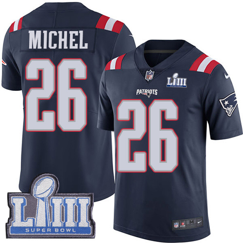 Nike Patriots #26 Sony Michel Navy Blue Super Bowl LIII Bound Men's Stitched NFL Limited Rush Jersey Nike Patriots #26 Sony Michel Navy Blue Super Bowl LIII Bound Men's Stitched NFL Limited Rush Jersey
