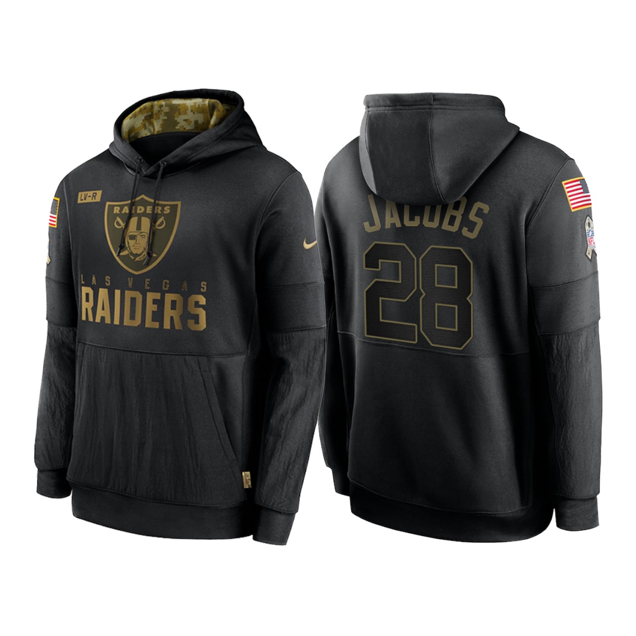 Men's Las Vegas Raiders Black #28 Josh Jacobs NFL 2020 Salute To Service Sideline Performance Pullover Hoodie