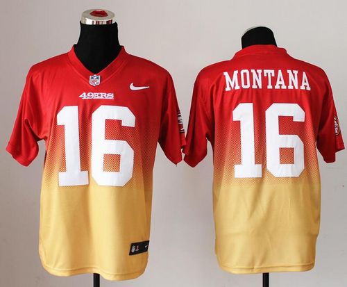 Nike 49ers #16 Joe Montana Red/Gold Men's Stitched NFL Elite Fadeaway Fashion Jersey