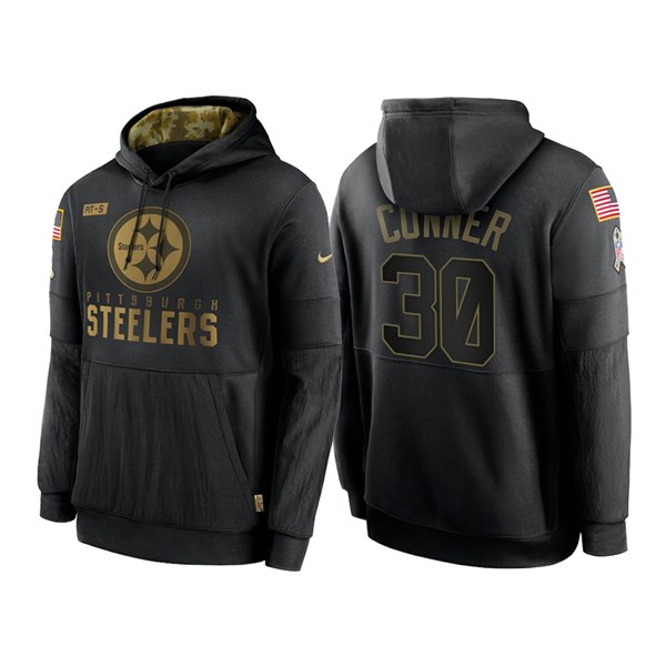 Men's Pittsburgh Steelers Black #30 James Conner NFL 2020 Salute To Service Sideline Performance Pullover Hoodie
