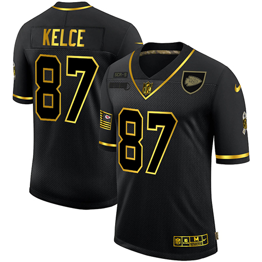 Men's Kansas City Chiefs #87 Travis Kelce 2020 Black/Gold Salute To Service Limited Stitched NFL Jersey
