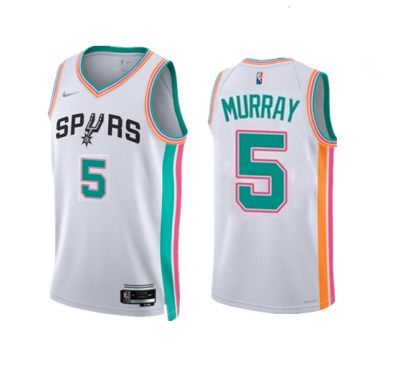 Men's White San Antonio Spurs #5 Dejounte Murray 2021/22 City Edition Stitched Jersey