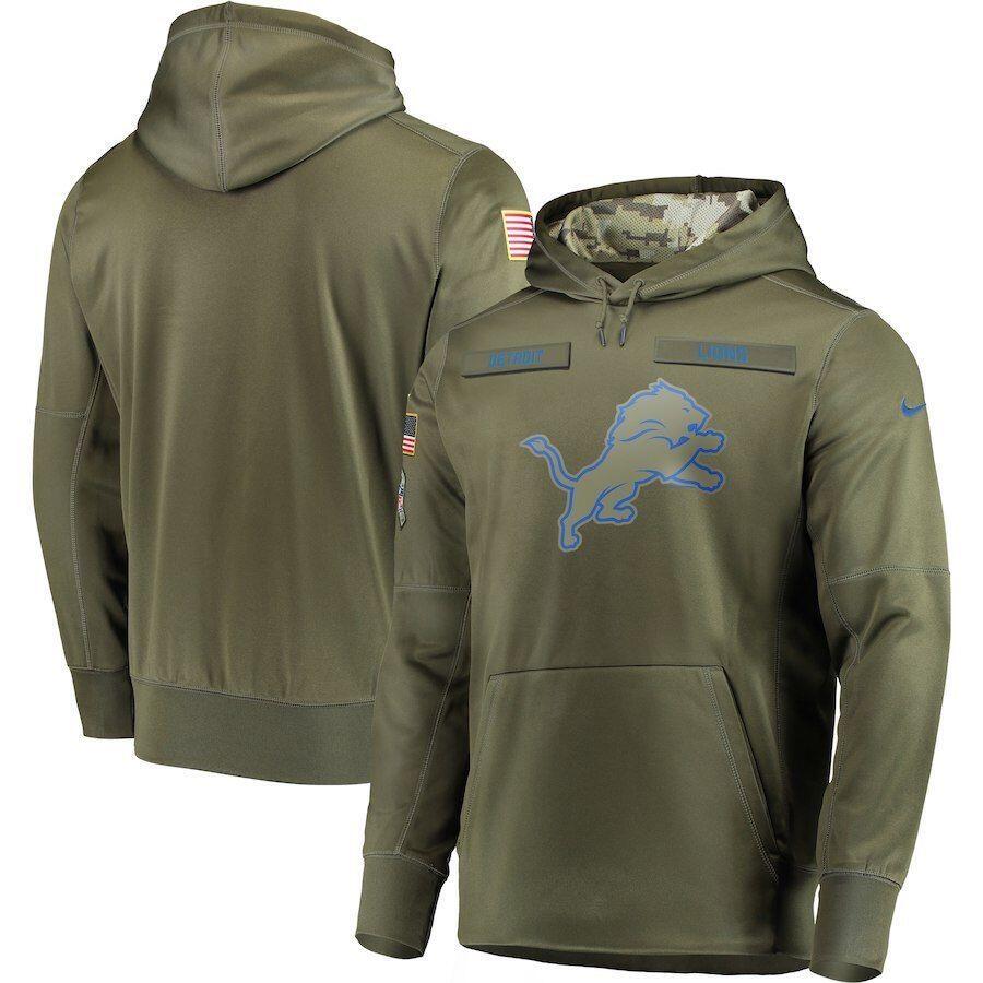 Men's Detroit Lions Olive Salute to Service Sideline Therma Performance Pullover Hoodie