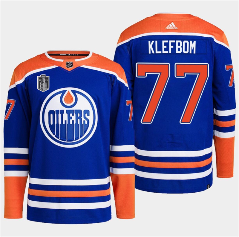 Men's Edmonton Oilers #77 Oscar Klefbom Royal 2024 Stanley Cup Final Patch Stitched Jersey Men's Edmonton Oilers #77 Oscar Klefbom Royal 2024 Stanley Cup Final Patch Stitched Jersey