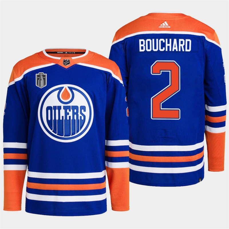 Men's Edmonton Oilers #2 Evan Bouchard Royal 2024 Stanley Cup Final Patch Stitched Jersey Men's Edmonton Oilers #2 Evan Bouchard Royal 2024 Stanley Cup Final Patch Stitched Jersey