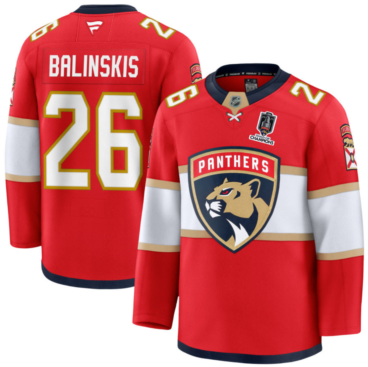 Men's Florida Panthers #26 Uvis Balinskis Red Home 2025 Stanley Cup Champions Patch Stitched Hockey Jersey Men's Florida Panthers #26 Uvis Balinskis Red Home 2025 Stanley Cup Champions Patch Stitched Hockey Jersey