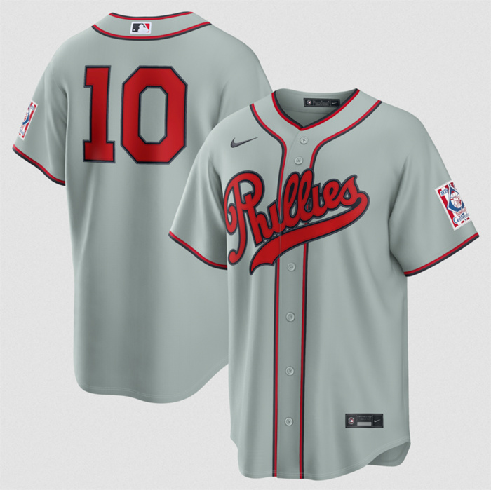 Men's Philadelphia Phillies #10 J.T. Realmuto Gray 2026 Field of Dreams Stadium Stitched Baseball Jersey Men's Philadelphia Phillies #10 J.T. Realmuto Gray 2026 Field of Dreams Stadium Stitched Baseball Jersey
