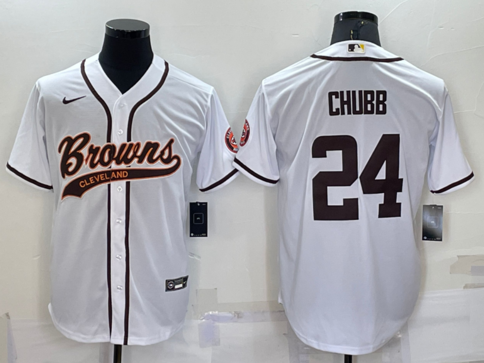 Toddlers Cleveland Browns #24 Nick Chubb White With Patch Cool Base Stitched Baseball Jersey