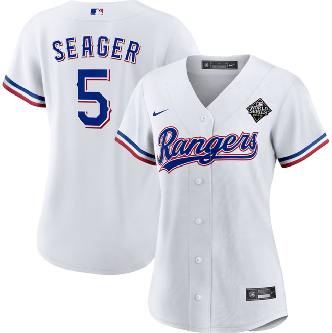 Women's Texas Rangers #5 Corey Seager White 2023 World Series Stitched Baseball Jersey(Run Small) Women's Texas Rangers #5 Corey Seager White 2023 World Series Stitched Baseball Jersey(Run Small)
