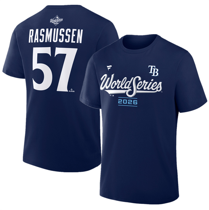 Men's Tampa Bay Rays #57 Drew Rasmussen Navy 2026 World Series Name & Number T-Shirt Men's Tampa Bay Rays #57 Drew Rasmussen Navy 2026 World Series Name & Number T-Shirt