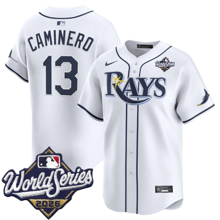 Men's Tampa Bay Rays #13 Junior Caminero White 2026 World Series Home Limited Stitched Baseball Jersey