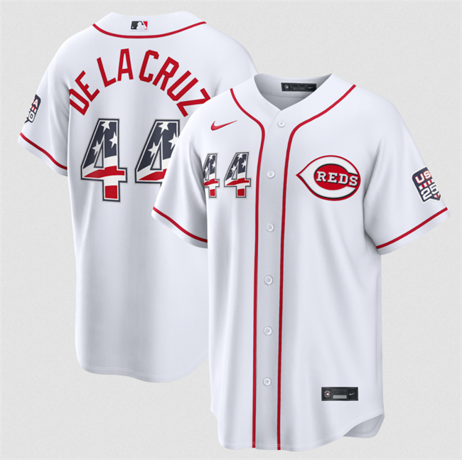 Men's Cincinnati Reds #44 Elly De La Cruz White 2026 USA 250 Fourth of July Home Stitched Baseball Jersey Men's Cincinnati Reds #44 Elly De La Cruz White 2026 USA 250 Fourth of July Home Stitched Baseball Jersey