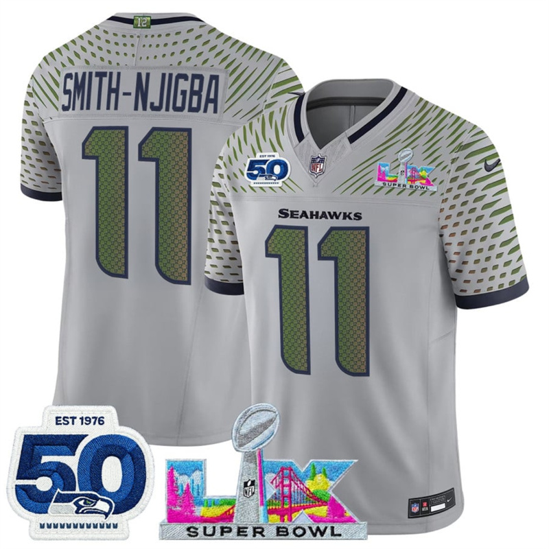 Youth Seattle Seahawks #11 Jaxon Smith-Njigba Gray 2025 F.U.S.E. Super Bowl LX & US 250th anniversary Patch And 50th Season Patch “Rivalries” Vapor Limited Stitched Football Jersey