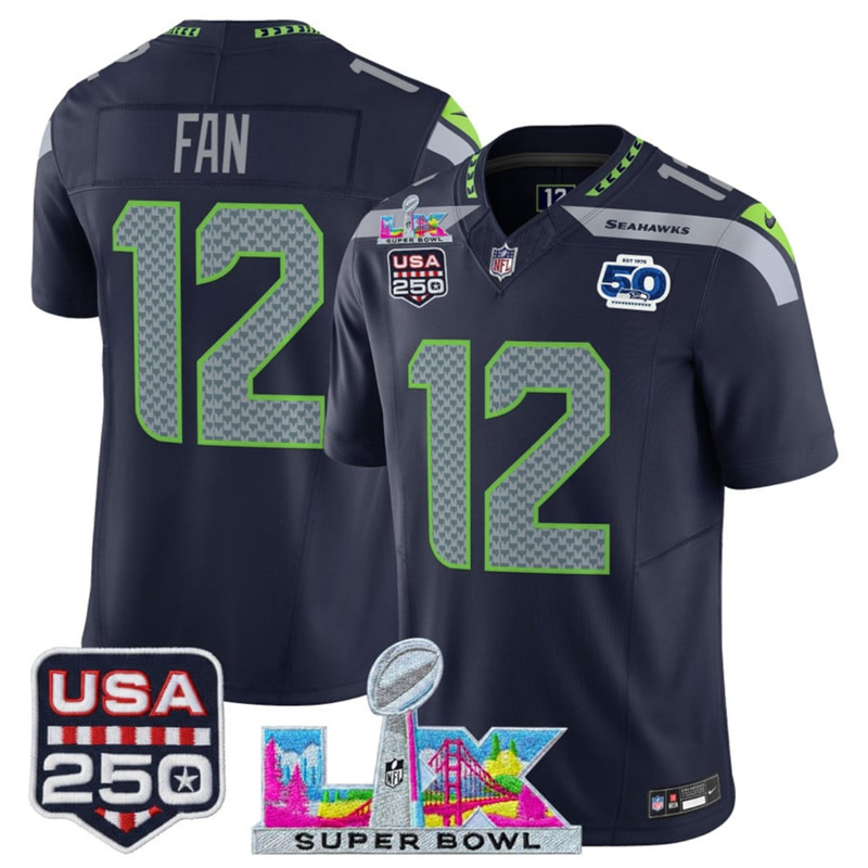 Youth Seattle Seahawks #12 Fan Navy 2025 F.U.S.E. Super Bowl LX Patch And 50th Season Patch Vapor Limited Stitched Football Jersey