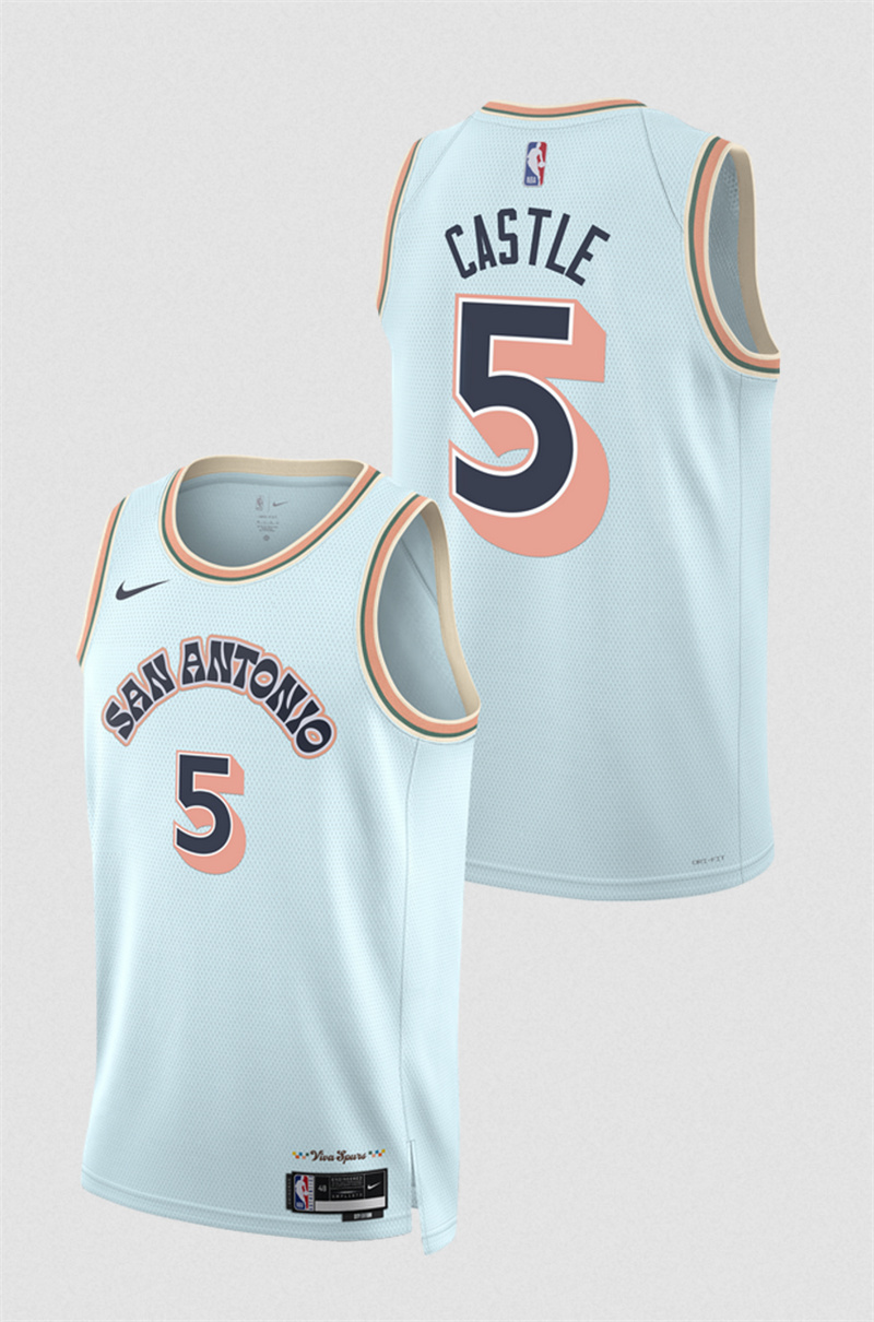 Men's San Antonio Spurs #5 Stephon Castle Light Blue 2024/25 City Edition Stitched Basketball Jersey Men's San Antonio Spurs #5 Stephon Castle Light Blue 2024/25 City Edition Stitched Basketball Jersey
