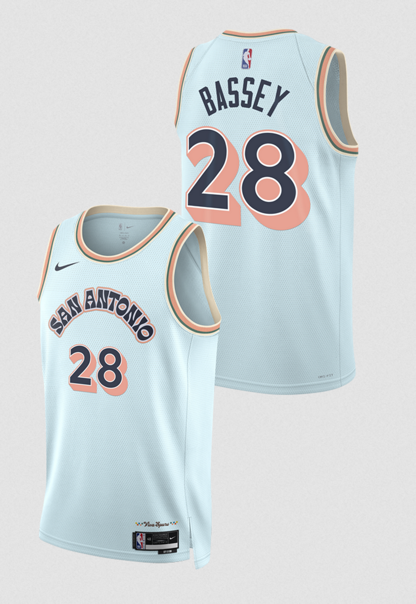 Men's San Antonio Spurs #28 Charles Bassey Light Blue 2024/25 City Edition Stitched Basketball Jersey Men's San Antonio Spurs #28 Charles Bassey Light Blue 2024/25 City Edition Stitched Basketball Jersey