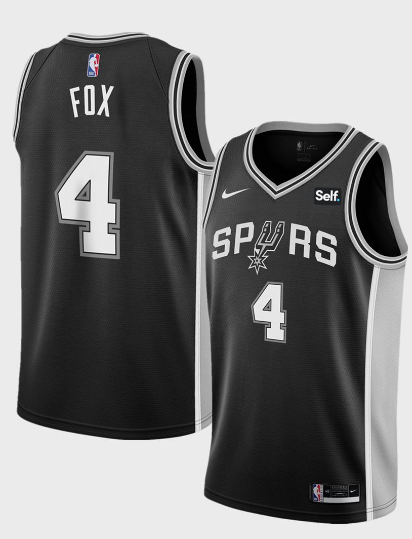 Men's San Antonio Spurs #4 De'Aaron Fox Black 2025 Icon Edition Stitched Basketball Jersey Men's San Antonio Spurs #4 De'Aaron Fox Black 2025 Icon Edition Stitched Basketball Jersey