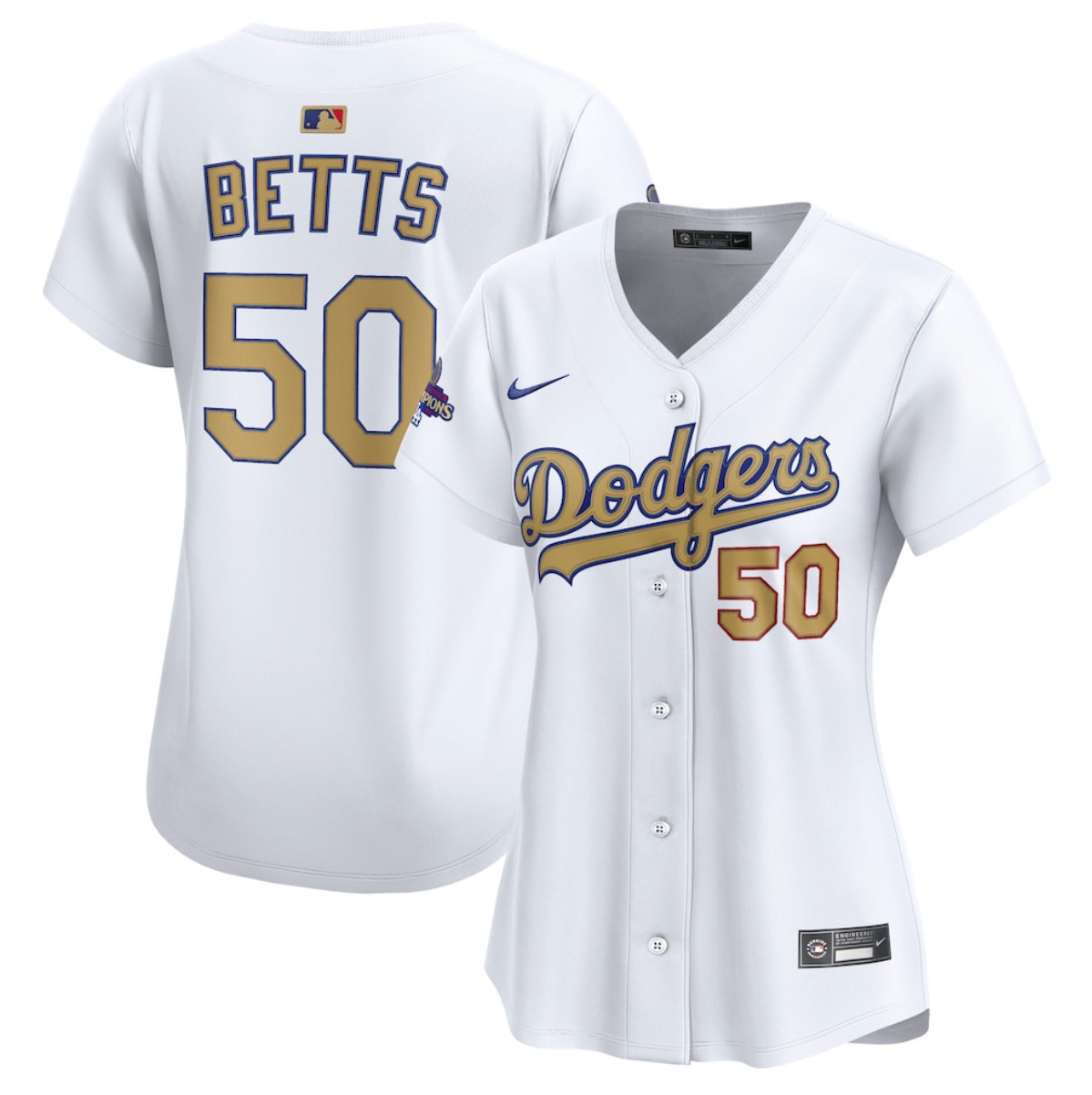 Women's Los Angeles Dodgers #50 Mookie Betts White 2025 Gold Collection Limited Stitched Baseball Jersey(Run Small) Women's Los Angeles Dodgers #50 Mookie Betts White 2025 Gold Collection Limited Stitched Baseball Jersey(Run Small)