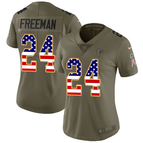 Nike Falcons #24 Devonta Freeman Olive/USA Flag Women's Stitched NFL Limited 2017 Salute to Service Jersey