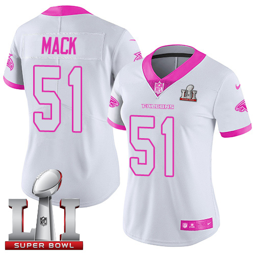 Nike Falcons #51 Alex Mack White/Pink Super Bowl LI 51 Women's Stitched NFL Limited Rush Fashion Jersey