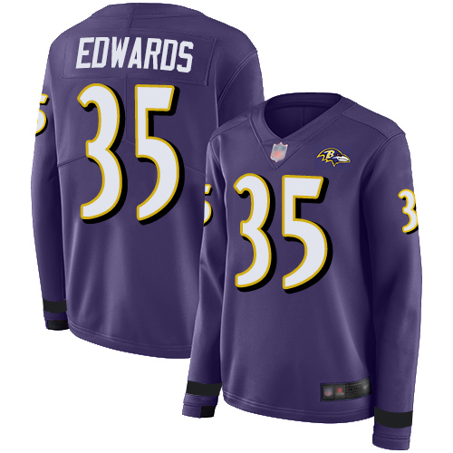 Nike Ravens #35 Gus Edwards Purple Team Color Women's Stitched NFL Limited Therma Long Sleeve Jersey
