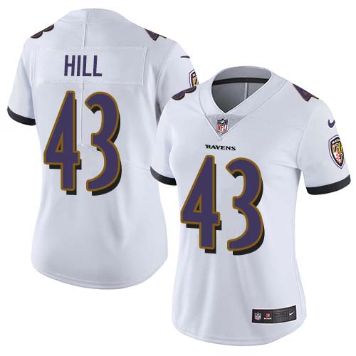 Nike Ravens #43 Justice Hill White Women's Stitched NFL Vapor Untouchable Limited Jersey