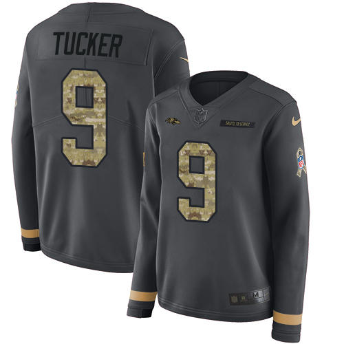 Nike Ravens #9 Justin Tucker Anthracite Salute to Service Women's Stitched NFL Limited Therma Long Sleeve Jersey Nike Ravens #9 Justin Tucker Anthracite Salute to Service Women's Stitched NFL Limited Therma Long Sleeve Jersey