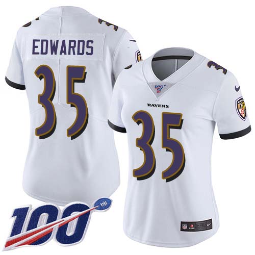 Nike Ravens #35 Gus Edwards White Women's Stitched NFL 100th Season Vapor Untouchable Limited Jersey