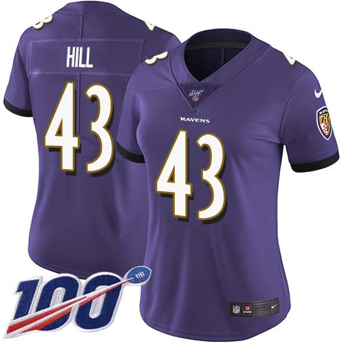 Nike Ravens #43 Justice Hill Purple Team Color Women's Stitched NFL 100th Season Vapor Untouchable Limited Jersey Nike Ravens #43 Justice Hill Purple Team Color Women's Stitched NFL 100th Season Vapor Untouchable Limited Jersey