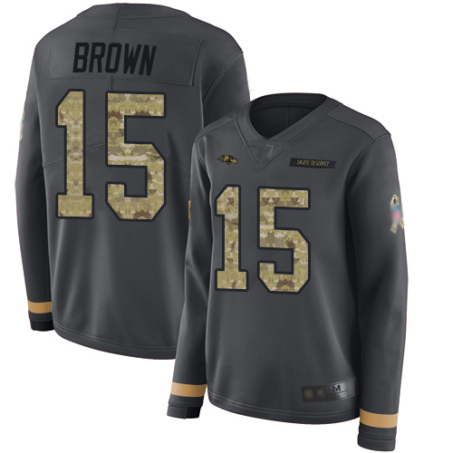 Nike Ravens #15 Marquise Brown Anthracite Salute to Service Women's Stitched NFL Limited Therma Long Sleeve Jersey Nike Ravens #15 Marquise Brown Anthracite Salute to Service Women's Stitched NFL Limited Therma Long Sleeve Jersey