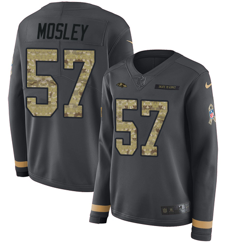 Nike Ravens #57 C.J. Mosley Anthracite Salute to Service Women's Stitched NFL Limited Therma Long Sleeve Jersey