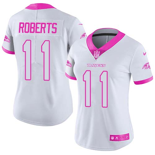 Nike Ravens #11 Seth Roberts White/Pink Women's Stitched NFL Limited Rush Fashion Jersey