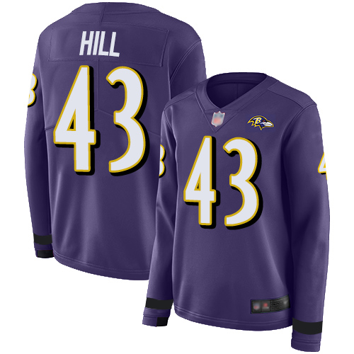 Nike Ravens #43 Justice Hill Purple Team Color Women's Stitched NFL Limited Therma Long Sleeve Jersey