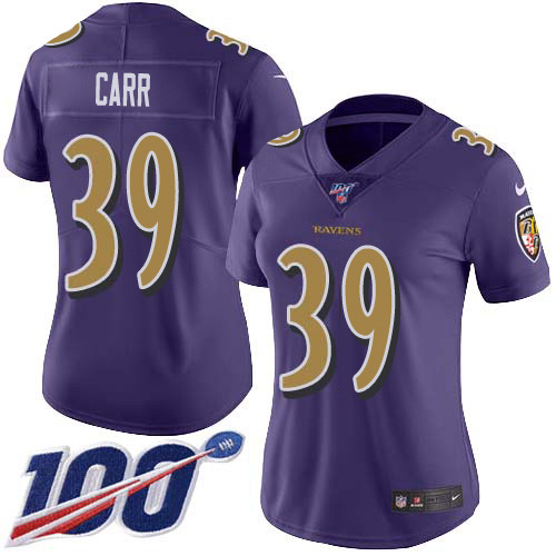 Nike Ravens #39 Brandon Carr Purple Women's Stitched NFL Limited Rush 100th Season Jersey