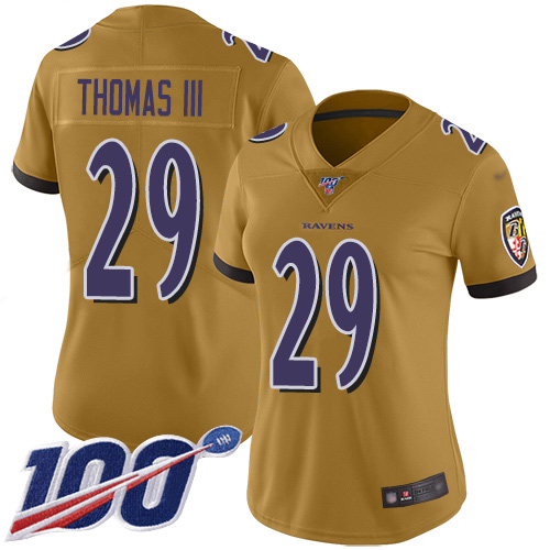 Nike Ravens #29 Earl Thomas III Gold Women's Stitched NFL Limited Inverted Legend 100th Season Jersey Nike Ravens #29 Earl Thomas III Gold Women's Stitched NFL Limited Inverted Legend 100th Season Jersey