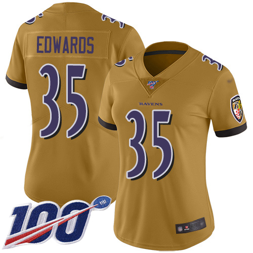 Nike Ravens #35 Gus Edwards Gold Women's Stitched NFL Limited Inverted Legend 100th Season Jersey