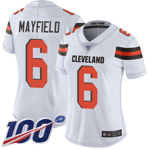 Nike Browns #6 Baker Mayfield White Women's Stitched NFL 100th Season Vapor Limited Jersey Nike Browns #6 Baker Mayfield White Women's Stitched NFL 100th Season Vapor Limited Jersey