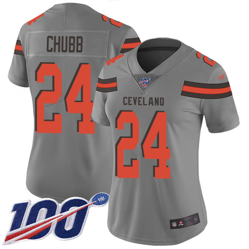 Nike Browns #24 Nick Chubb Gray Women's Stitched NFL Limited Inverted Legend 100th Season Jersey Nike Browns #24 Nick Chubb Gray Women's Stitched NFL Limited Inverted Legend 100th Season Jersey