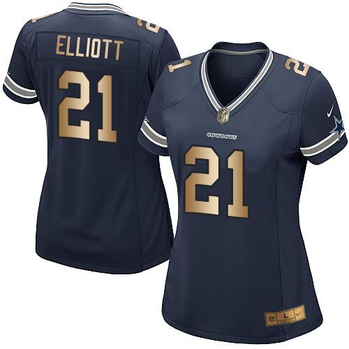 Nike Cowboys #21 Ezekiel Elliott Navy Blue Team Color Women's Stitched NFL Elite Gold Jersey