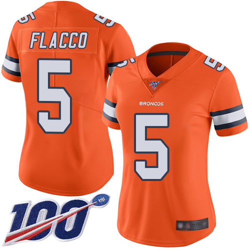 Nike Broncos #5 Joe Flacco Orange Women's Stitched NFL Limited Rush 100th Season Jersey Nike Broncos #5 Joe Flacco Orange Women's Stitched NFL Limited Rush 100th Season Jersey