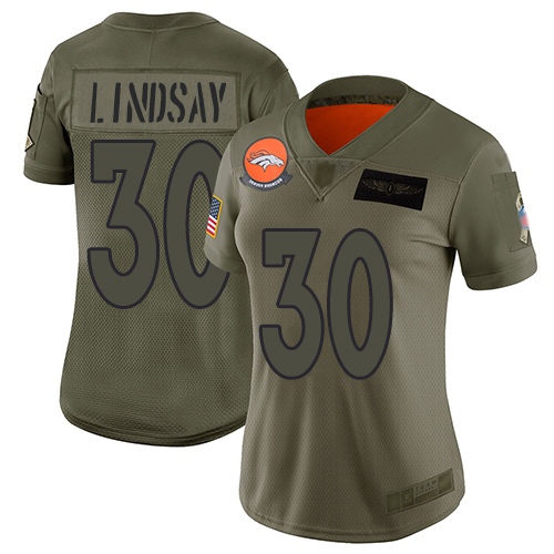 Nike Broncos #30 Phillip Lindsay Camo Women's Stitched NFL Limited 2019 Salute to Service Jersey