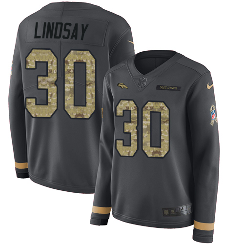 Nike Broncos #30 Phillip Lindsay Anthracite Salute to Service Women's Stitched NFL Limited Therma Long Sleeve Jersey Nike Broncos #30 Phillip Lindsay Anthracite Salute to Service Women's Stitched NFL Limited Therma Long Sleeve Jersey