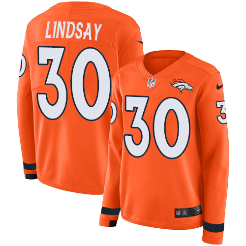 Nike Broncos #30 Phillip Lindsay Orange Team Color Women's Stitched NFL Limited Therma Long Sleeve Jersey