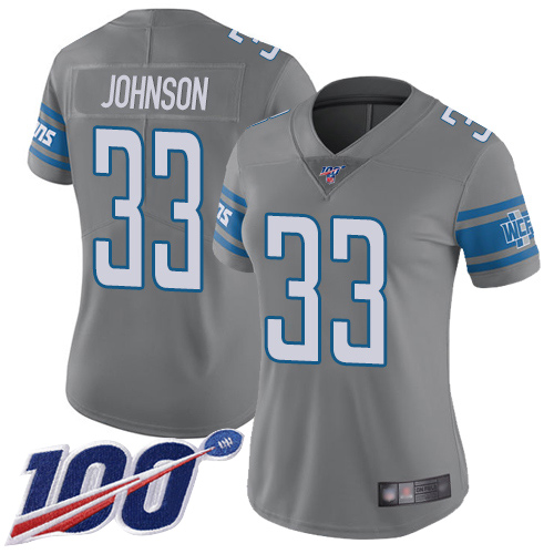Nike Lions #33 Kerryon Johnson Gray Women's Stitched NFL Limited Rush 100th Season Jersey Nike Lions #33 Kerryon Johnson Gray Women's Stitched NFL Limited Rush 100th Season Jersey