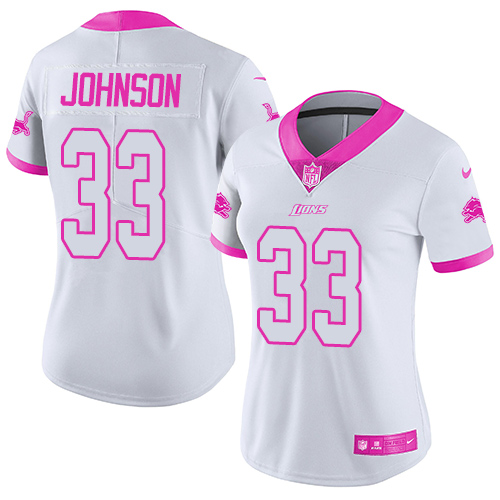 Nike Lions #33 Kerryon Johnson White/Pink Women's Stitched NFL Limited Rush Fashion Jersey Nike Lions #33 Kerryon Johnson White/Pink Women's Stitched NFL Limited Rush Fashion Jersey