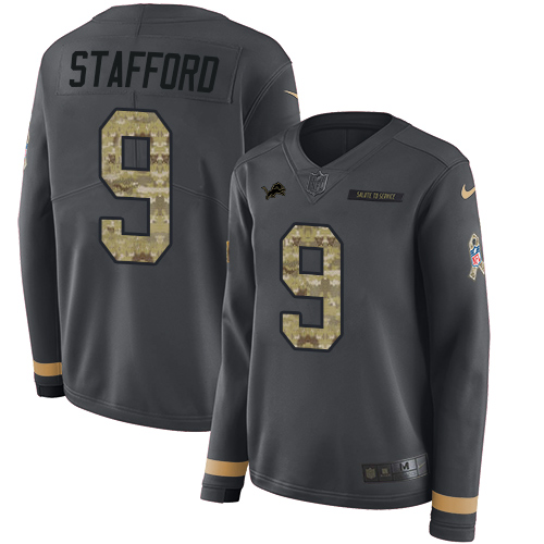 Nike Lions #9 Matthew Stafford Anthracite Salute to Service Women's Stitched NFL Limited Therma Long Sleeve Jersey