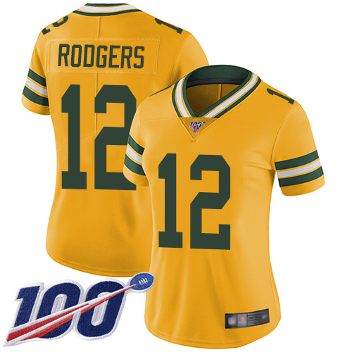 Nike Packers #12 Aaron Rodgers Yellow Women's Stitched NFL Limited Rush 100th Season Jersey Nike Packers #12 Aaron Rodgers Yellow Women's Stitched NFL Limited Rush 100th Season Jersey